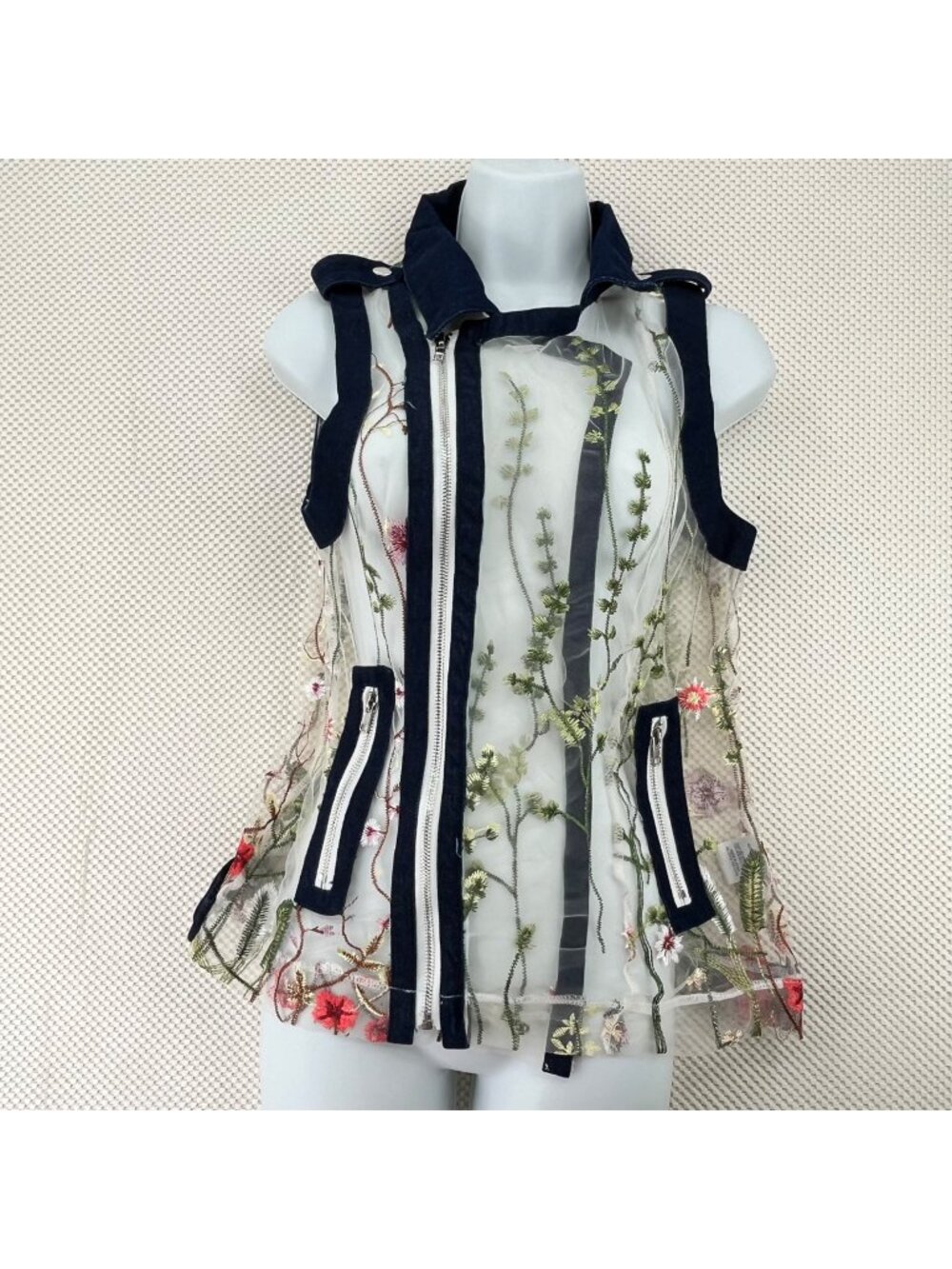 Adore Sheer Floral Embroidered Vest With Denim Trim & Zipper Closure Womens Size